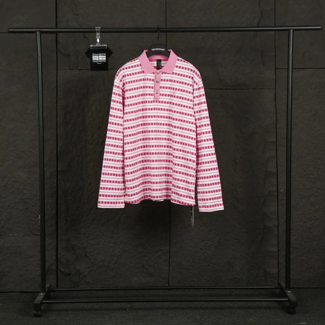P210 Actual photo [Popular item] Code: 25020# Color: Black/Pink/Blue Size: S to - CH Croix heart niche design cross jacquard striped long sleeves brings striped Polo to Next Levels. Loose fit. Same style for men and women. Lazy and casual. Street style. Three colors. Customized style.